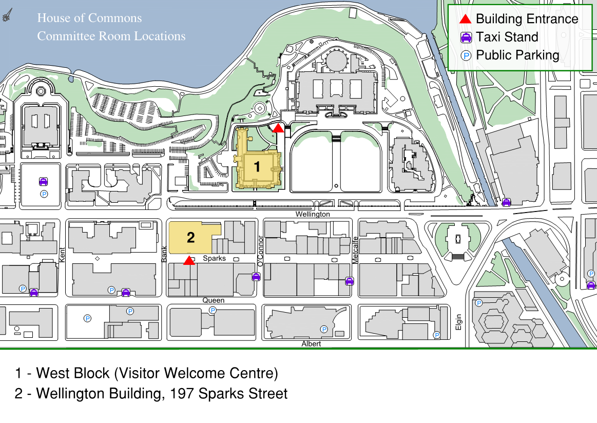 First location West Block (Visitor Welcome Center), 3938 Wellington Street, Ottawa, Ontario, Postal code K1A 0A6 and second location Wellington Building, 197 Sparks Street, Ottawa, Ontario Postal code K1P 5B9