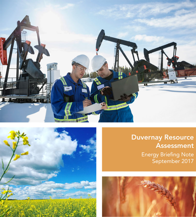 Upper photo: Two oilfield workers standing in front of pumpjacks; Bottom-left photo: Field of canola; Bottom-right photo: Wheat