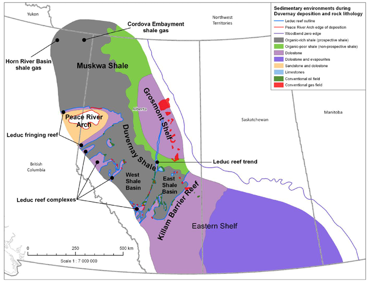 Figure 2. The location of reefs, carbonate shelves, and basins during deposition of the Duvernay Shale