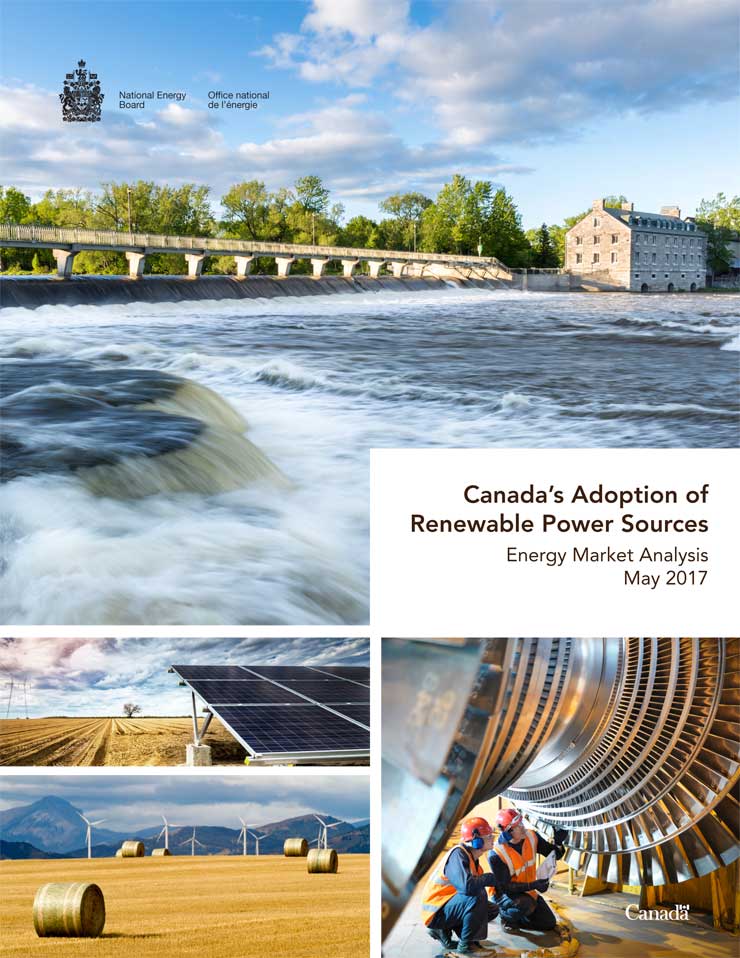 Top left: historical dam site of Ile Des Moulins in the city of Terrebonne, Quebec on a nice summer day; middle left: solar energy panels on a field under dramatic sky; bottom left: wind turbines in a farmers field with hay bales and mountains in the distance; bottom right: workers inspect turbine in power station