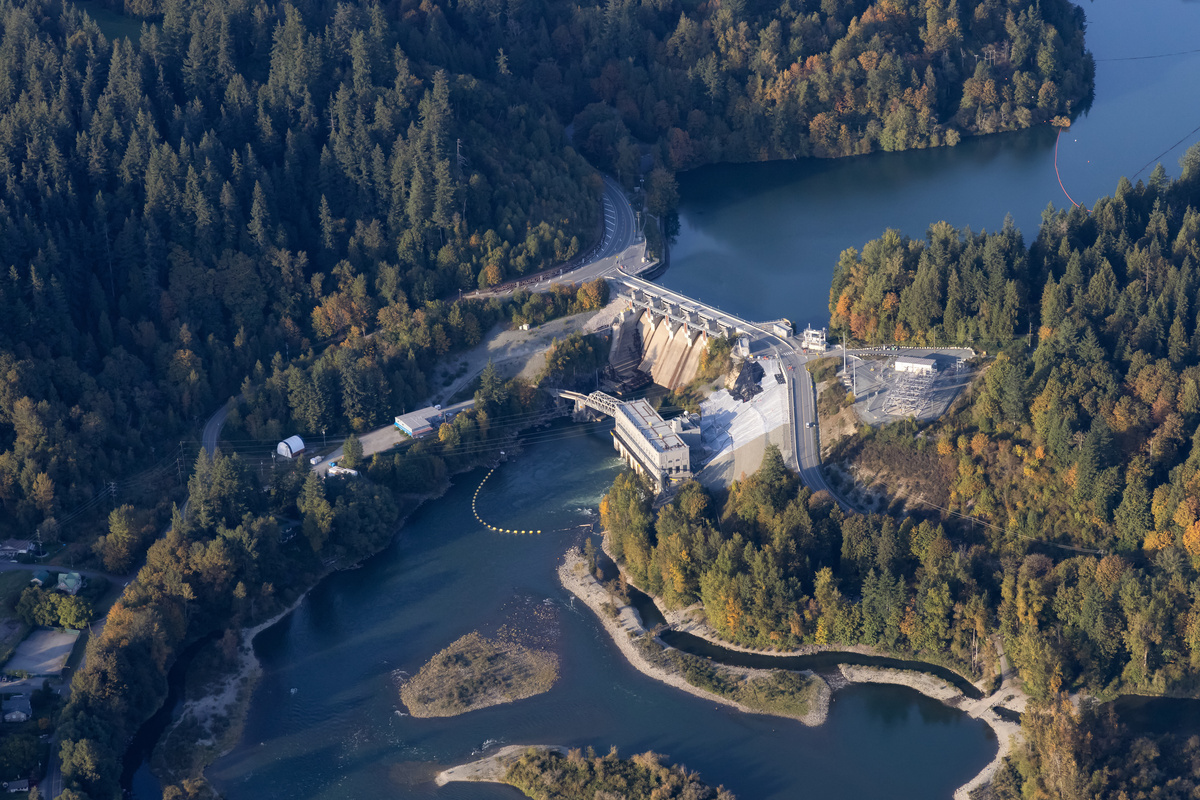 Aerial view from airplane of a water dam by Hayward Lake taken near Mission, east of Vancouver, British Columbia.