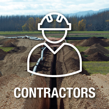 Contractors icon over top of an image depicting a dug trench ready for the installation of pipelines – Constractors