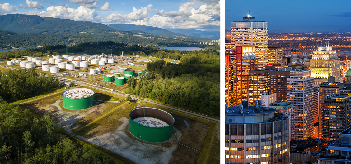 À gauche : vue aérienne de la raffinerie de pétrole à Port Moody, à Vancouver, en Colombie-Britannique, au Canada et à droite: Montréal illuminée au crépuscule