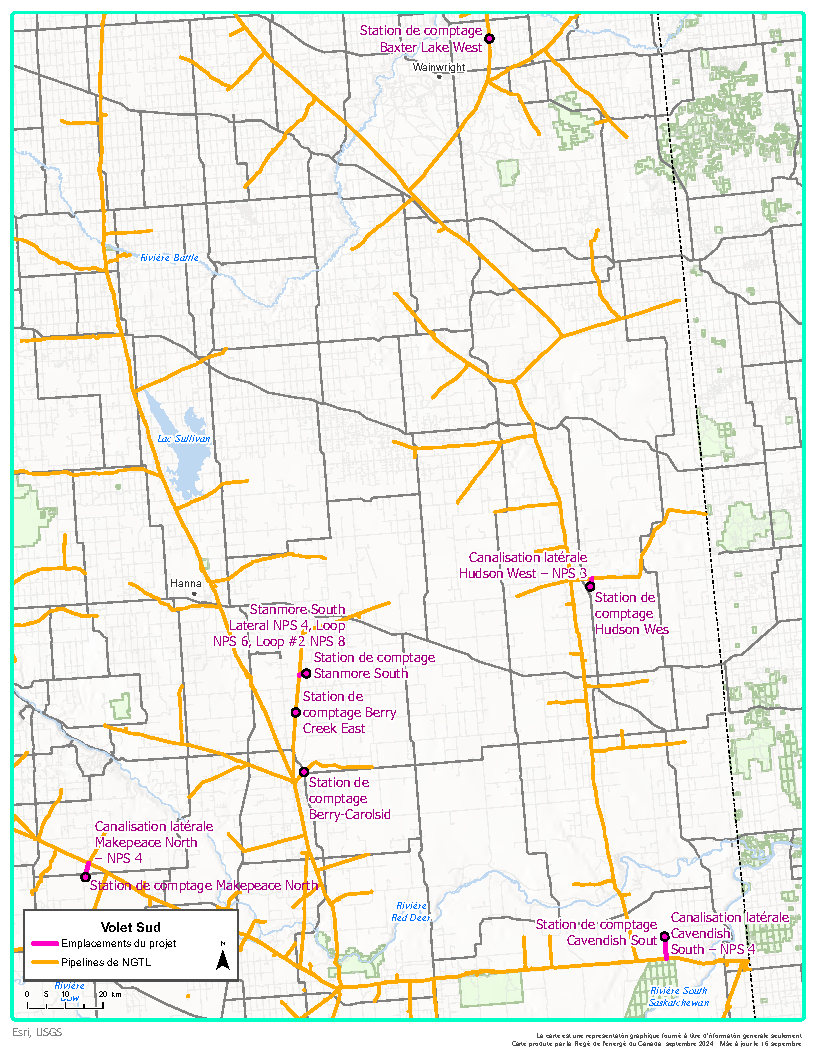 Carte Volet Sud – Programme de cessation d’exploitation de stations de comptage et de canalisations latérales de 2024 de NGTL GP