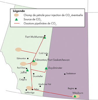 Schéma de l’ossature pipelinière pour le CO<sub>2</sub> en Alberta