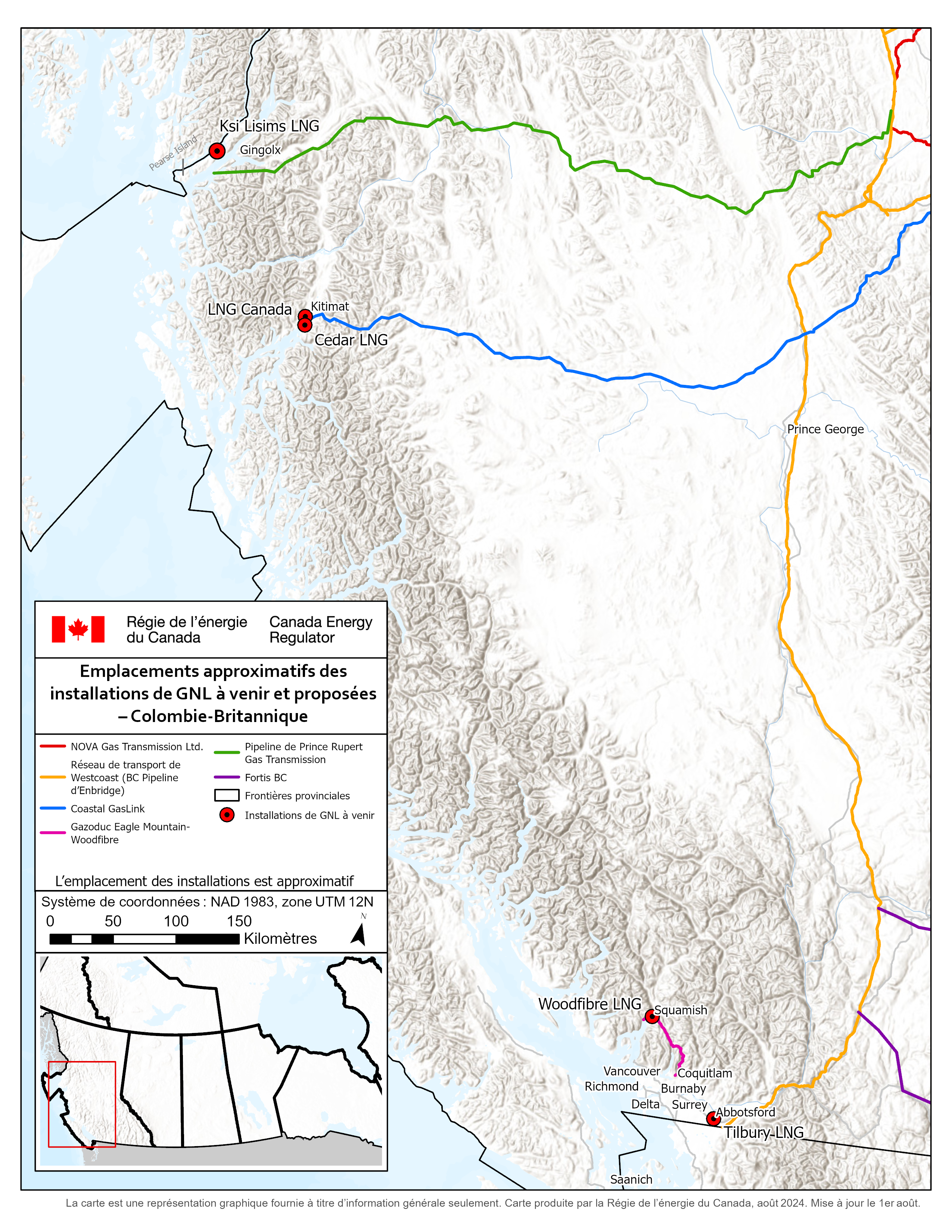 Une carte montre les installations de GNL à venir et proposées dans l’Ouest canadie.