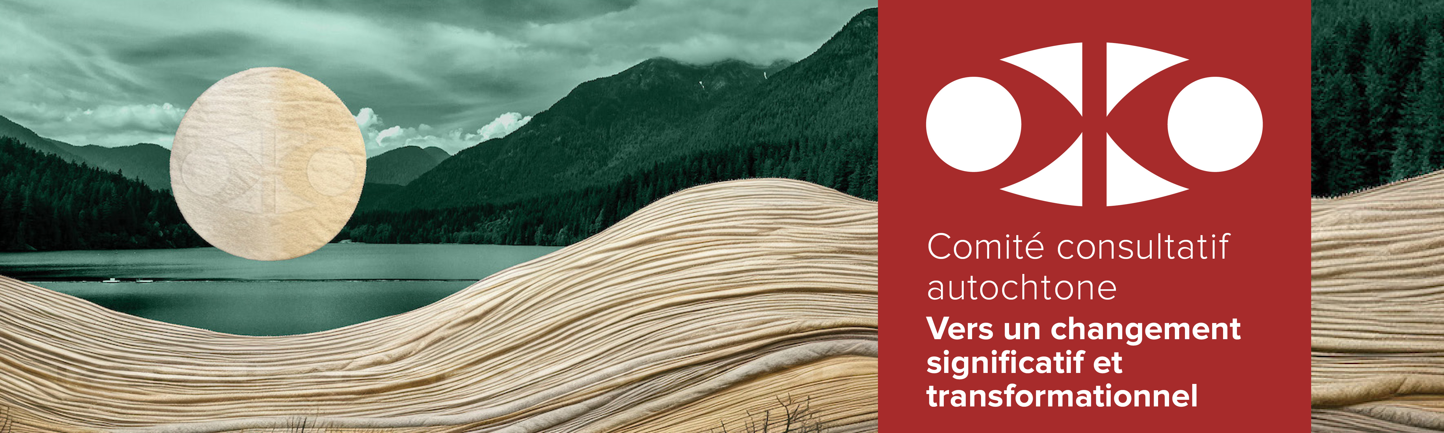 Paysage de couleur verte au lac réservoir Capilano à Vancouver, en Colombie-Britannique, et filaments aux teintes naturelles à l’avant-plan ressemblant à des collines vallonnées, le logo du CCA étant superposé à une lune luisante.