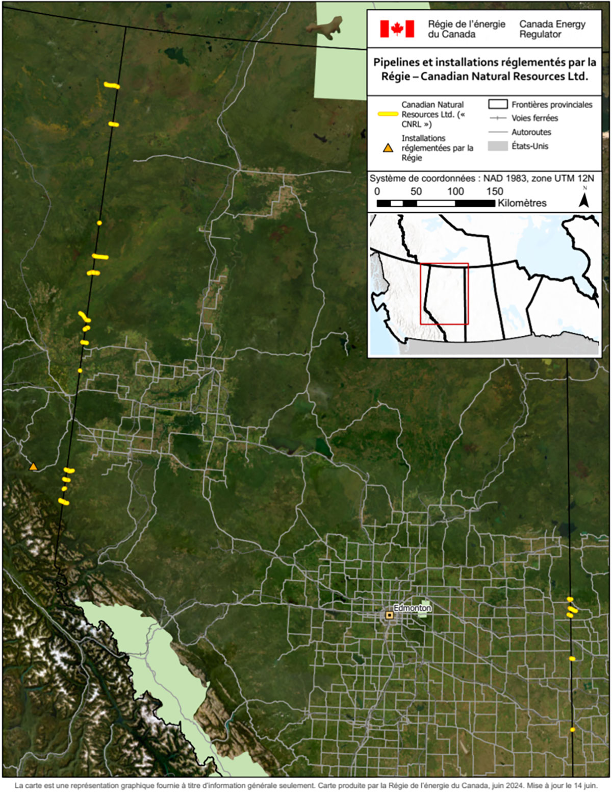 La carte est une représentation graphique fournie à titre d'information générale seulement. Carte produite par la Régie de l'énergie du Canada, juin 2024. Mise à jour le 14 juin.