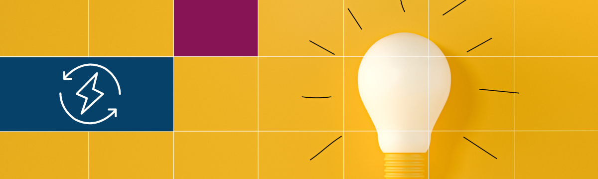 Yellow banner with blue and burgundy rectangles and an image of a white light bulb. An icon depicting efficient, sustainable energy.